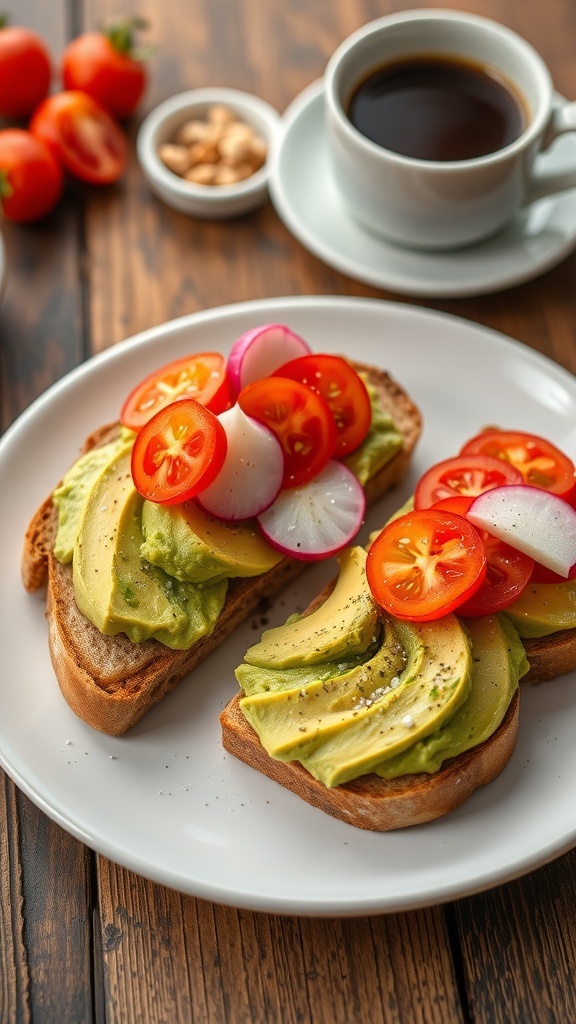 Avocado Toast Recipe Avocado toast on whole grain bread topped with tomatoes and radishes on a rustic table.